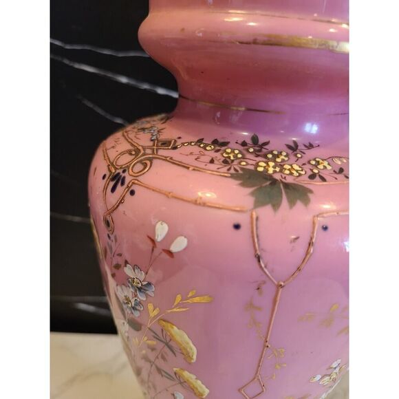 Lg Antique Harrach Bohemian Czech Pink Opaline Overlay Vase Flowers & Bees 14” - Picture 11 of 16